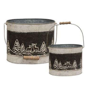 2 Set Embossed Winter Forest Oval Buckets - The Fox Decor
